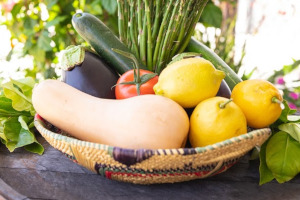 Various fruit and vegetables in a bowl